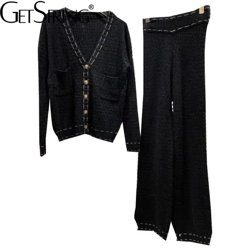 

Getspring Women Knitting Set V-neck Cardigan Sweater Elastic Waist High Waist Wide Leg Pants Black White Autumn And Winter Sets