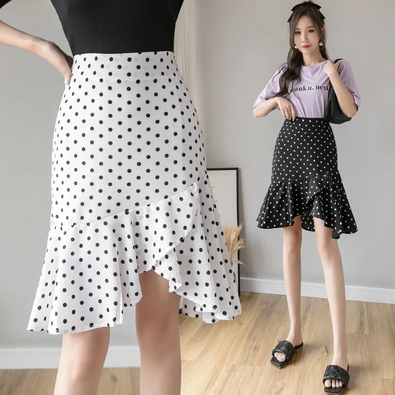 

Black White Polka Dot Fishtail Irregular Ruffle Skirt Women Summer High Waist Korean Elegant Party Slim Fitted Mermaid Skirts