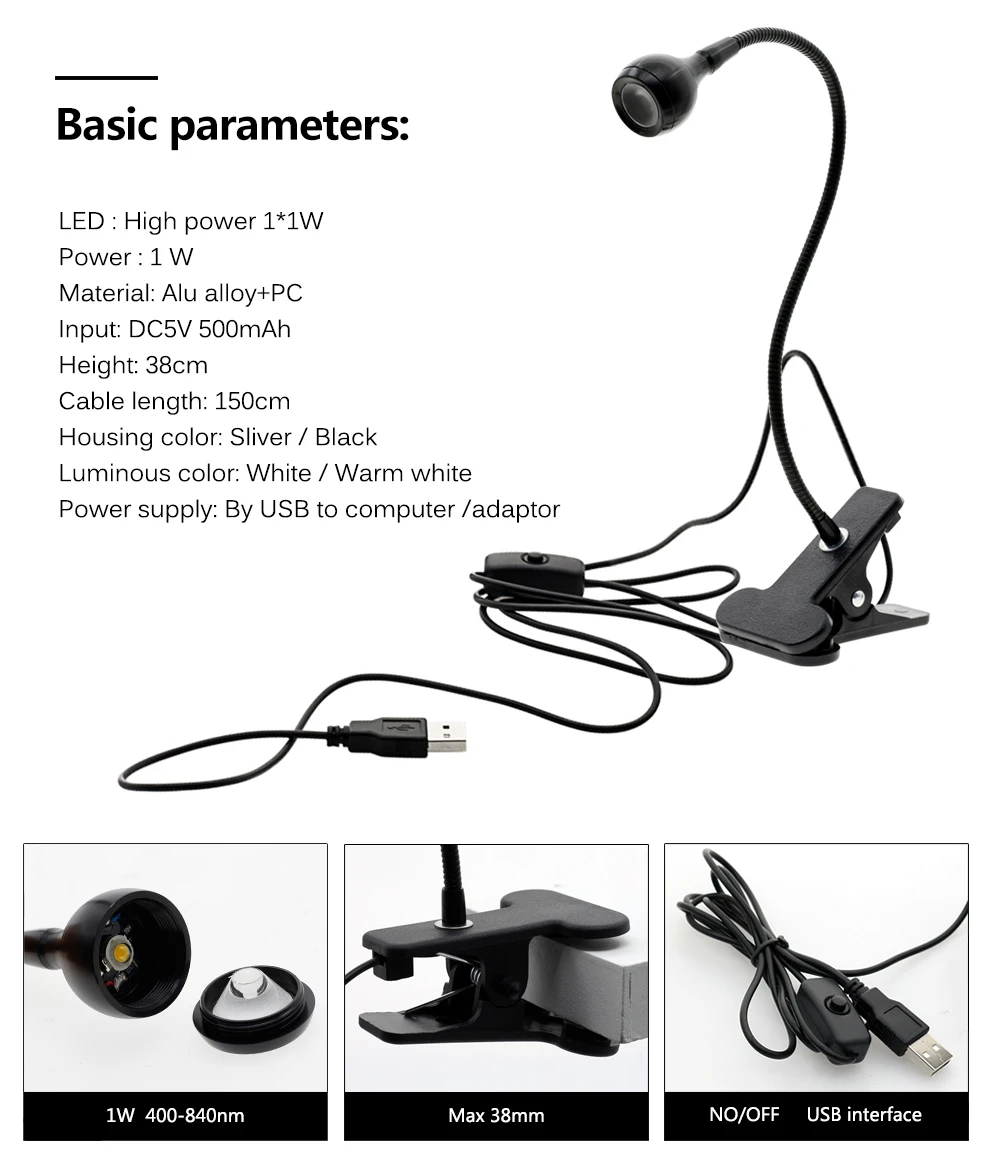 Светодиодная настольная лампа с USB зажимом мощный гибкий прикроватный