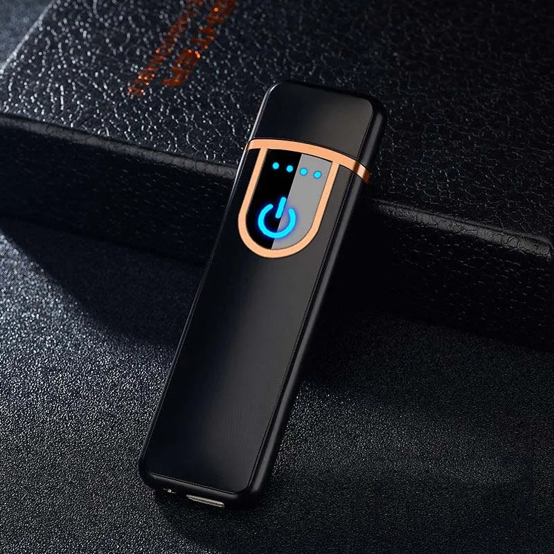 Black Мужская креативная ветрозащитная электронная USB Зажигалка для сигарет, отпечаток пальца, сенсорный экран, индивидуальная зажигалка, хороший подарок - Цвет: Black