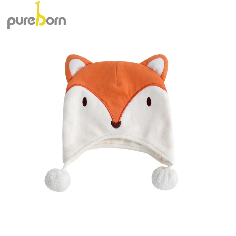 Pureborn новорожденный младенец мультфильм лиса хлопок шапки для маленьких мальчиков и девочек весна осень фотографии волос мяч повседневные теплые шапки