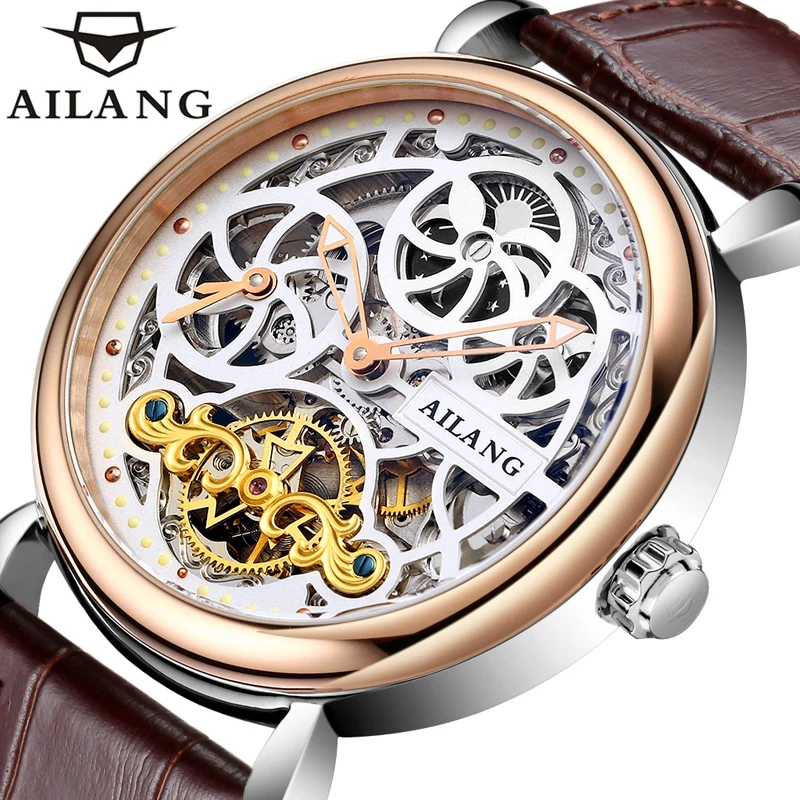 Men Skeleton Automatic Mechanical Watches Tourbillon Male Luxury Top Brand Leather Self Wind Waterproof Wirstwatch AILANG 6815A