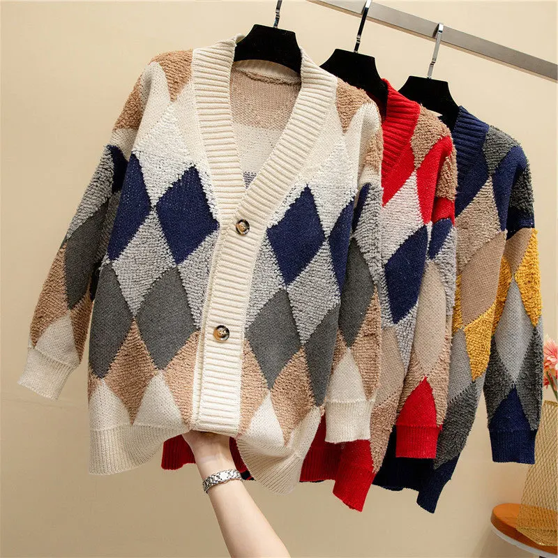 

Fashion Plaid Cardigan Sweater Women's Fall/Winter 2021 New Korean Lazy V-neck Loose Knit Checkered Mid-length Jacket