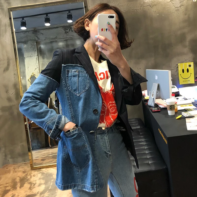 [EWQ] в винтажном стиле с длинным рукавом нерегулярные полоску джинсовая куртка