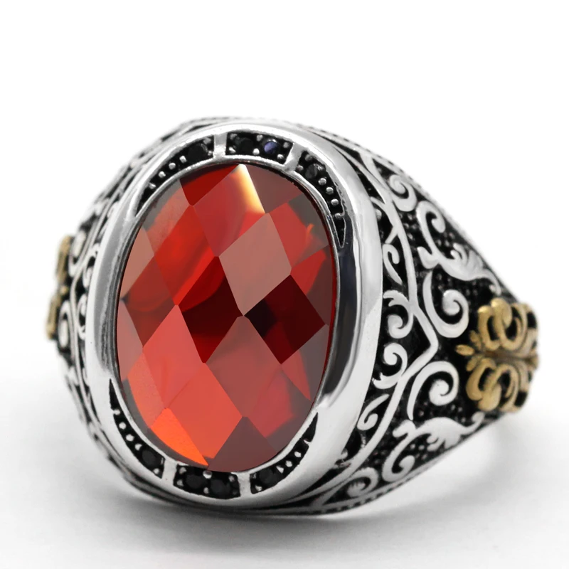 Мужской комплект колец из серебра 925 пробы с овальным натуральным красным