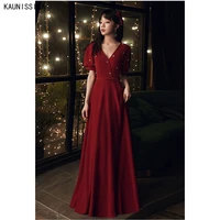 kaunissina women dresses evening party gown long formal dress elegant v neck short sleeve burgundy prom gowns vestido