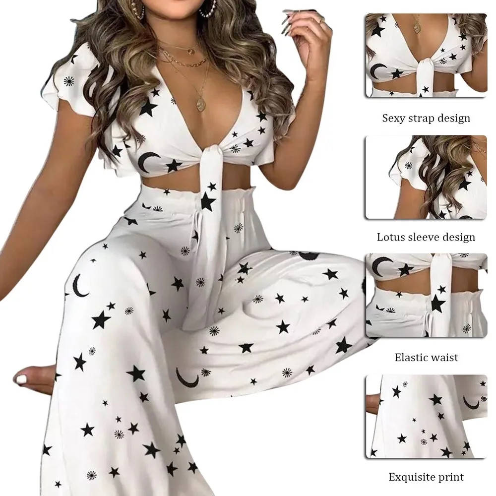 

2021 Summer Ladies Casual Suit Geometric Dots Flower Printed Casual Set Bandage Tops + Wide Leg Trousers Two-Pieces Set