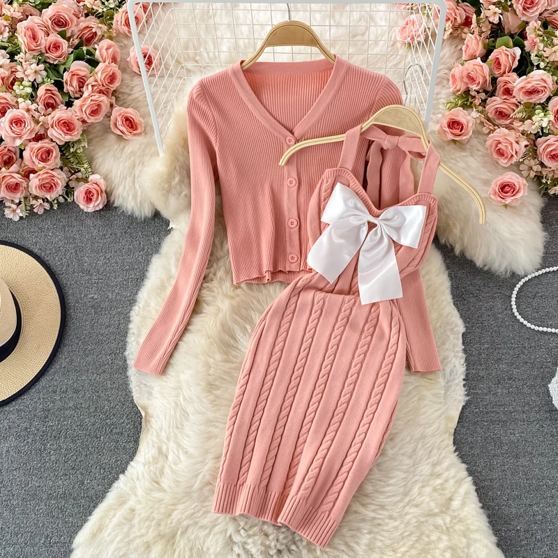 

Women Autumn Elegant Knitted Cardigans + Sleeveless Bandage Bow Tank Dress Fashion OL Casual Knitwear Suits