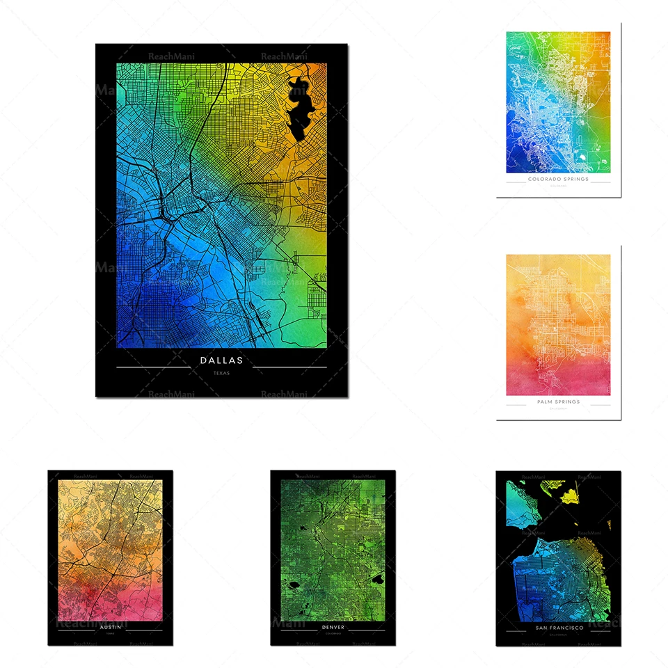 Денвер Колорадо Palm Springs California Seattle Street Сан-Франциско Print Map Watercolor Art City Ma