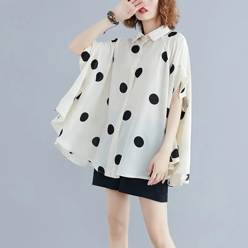 

Fashion Polka Dot Irregular Bat Shirts 2022 New Spring Summer Women Clothing Single-Breasted Short Sleeve Chiffon Shirt aq121