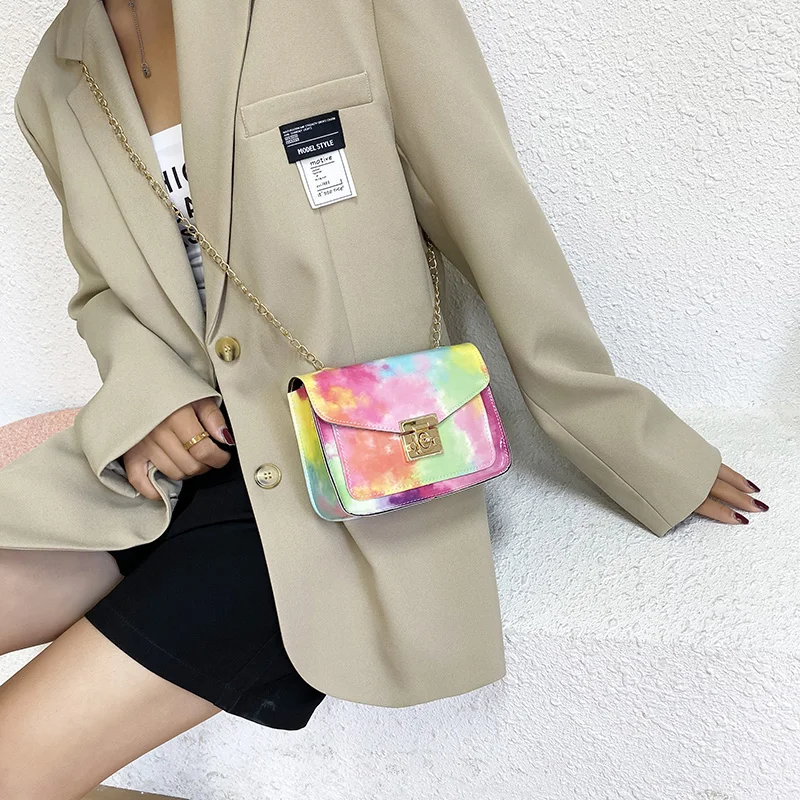 

Luxury Tie-dye Shiny PU Crossbody Bag Women Gradient Color Shoulder Bag Small Square Chain Flap Bag Lady Handbag Shopping Purse