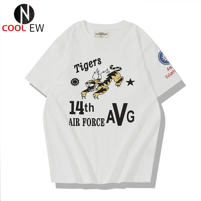 

2022SS Amekaji Military Wind Flying Tigers 14 Squadron Printed T-shirt 200g Short Sleeve T-shirt Men and Women