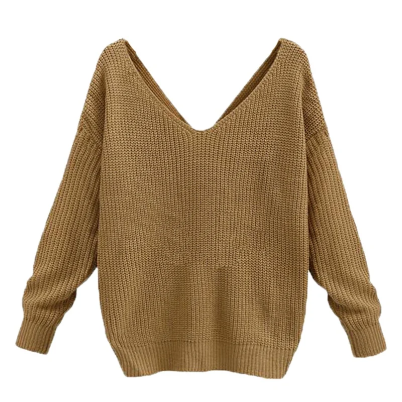 Women Sweaters Knitted Tie Color Open Full Elegant V-Neck Back Pullovers Sleeve Sweater Solid Knitwear | Женская одежда