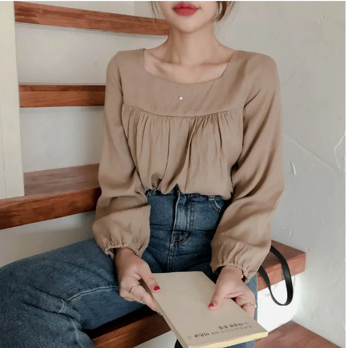 Осенние базовые рубашки блузки Женская винтажная Повседневная Блузка с длинным