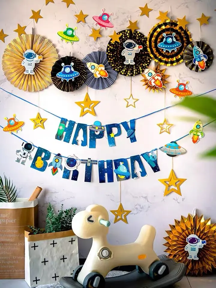 

Baby Outer Space Party Hanging Paper Fan Astronaut Happy Birthday Dessert Table Backdrop Paper Fans Decoration