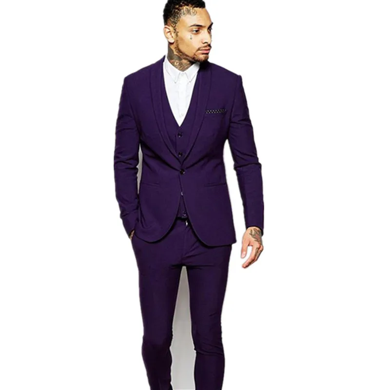 

Personal Purple Shawl Lapel Wedding Tuxedos Slim Fitted Well Bridegroom Party Suits Tailor Made Dinner Dress (Jacket+Pants+Vest)