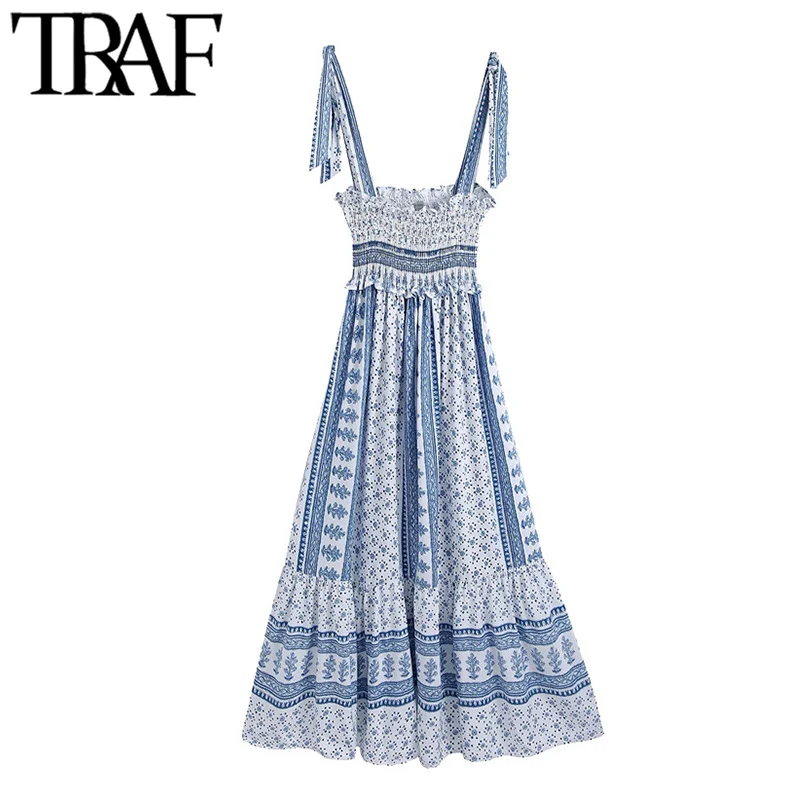 

TRAF Women Chic Fashion Smocked Printed Midi Strappy Dress Vintage Bow Tie Straps Ruffled Hem Female Dresses Mujer