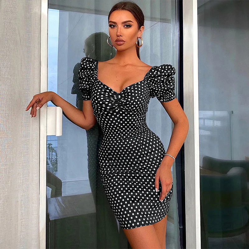 Женское платье в горошек черное/красное мини с коротким рукавом|Женские платья| |