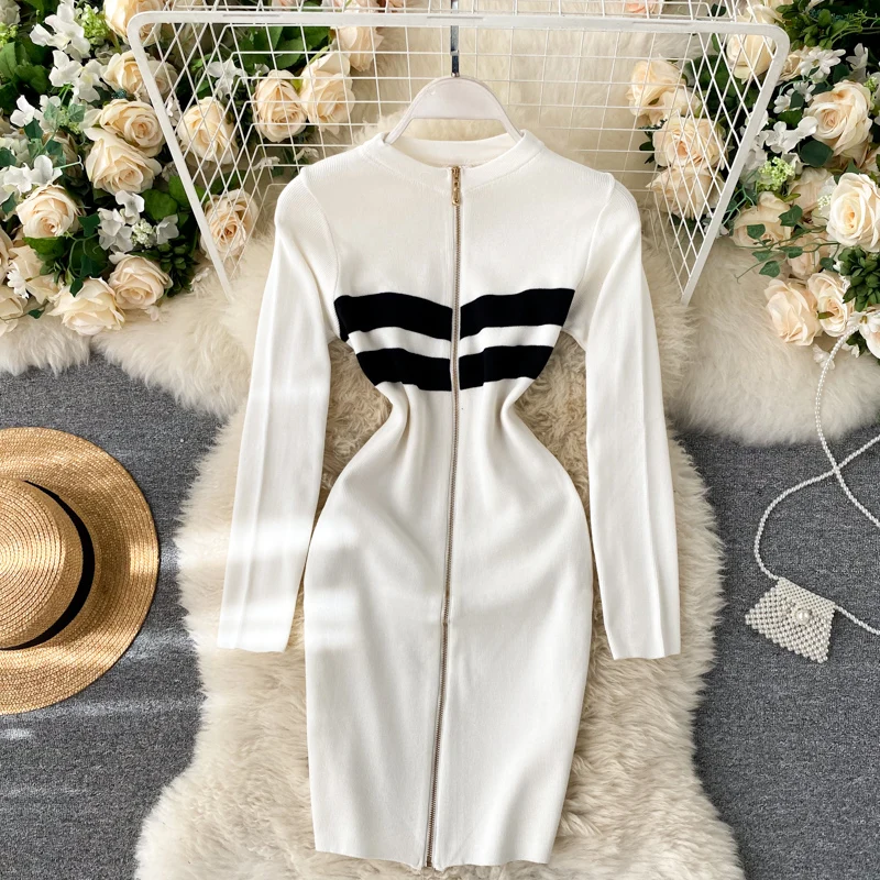 

Striped Knit Zipper Front Mini Bodycon Sweater Dress Women Vintage Slim Fit Sheath Long Sleeve Sexy Party Dress Elegant 2022