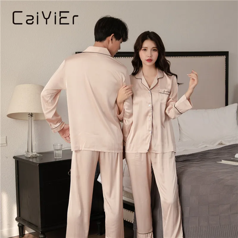 CAIYIER Solid Loves Pajamas Set Sexy Silk Satin Couple Sleepwear Men & Women Nightwear Long Sleeve Casual Winter Homewear M-3XL