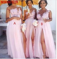 blush pink bridesmaid dresses 2020 sexy sheer jewel neck lace appliques maid of honor dresses split formal party gowns wear
