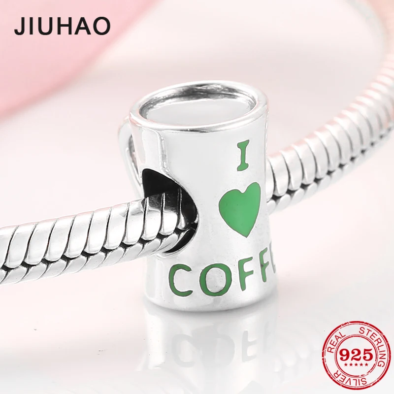 Бусины из серебра 925 пробы с зеленой эмалью в форме сердца для кофейной чашки