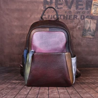 new hand painted panelled women backpack genuine leather female retro bag leisure vintage travel backpack mochila