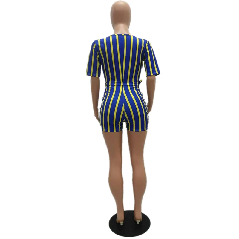 

Deep V-Neck Sexy Stripes Bodysuit Women Short Sleeve Empire Skinny One Piece Jumpsuits Party Clubwear Bandage Short Playsuits