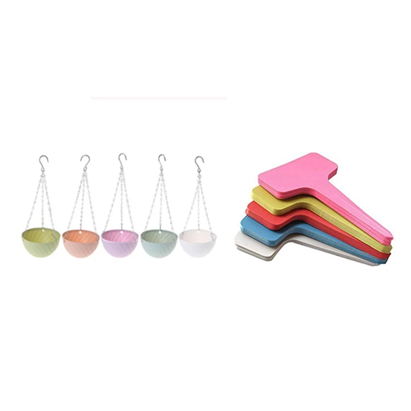 

Разноцветные ярлыки для растений, T-образные ярлыки для сада с 5 круглыми пластиковыми подвесными корзинами, цветочными горшками, 100 шт.