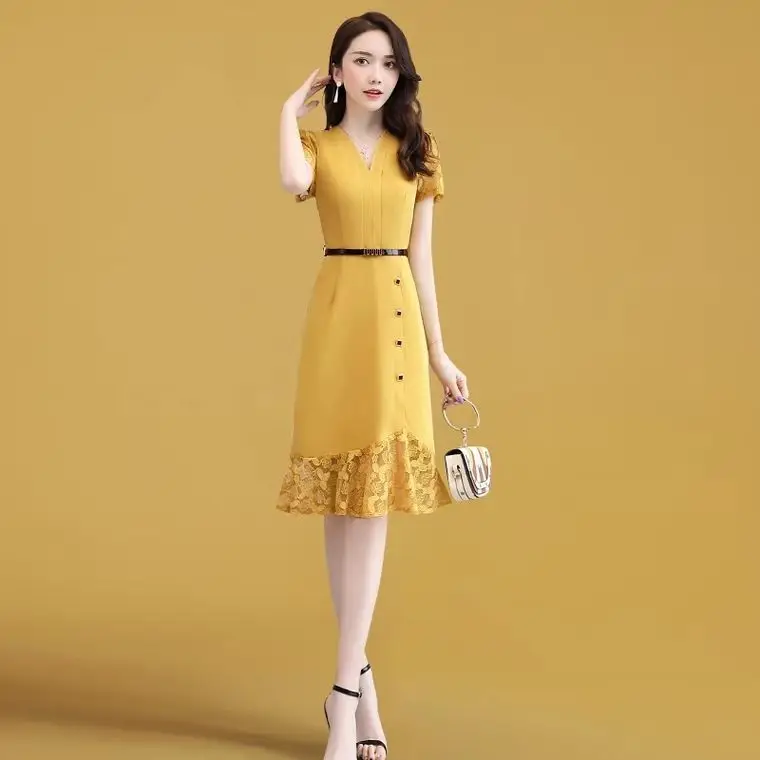 

Fishtail dress summer women's 2021 new medium length temperament short sleeve Lace Chiffon Skirt good quality