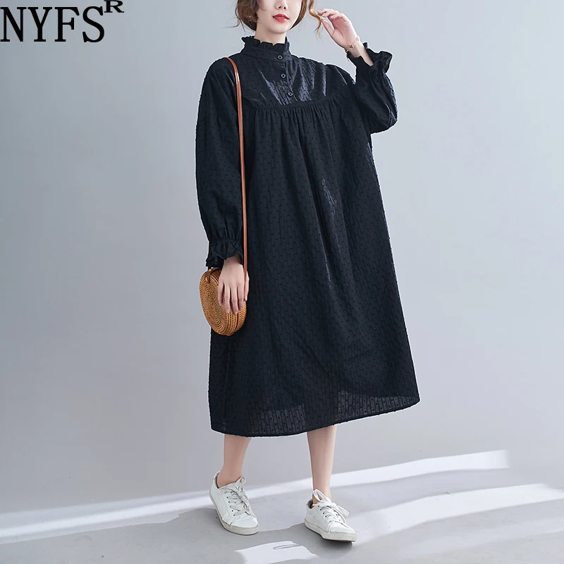

NYFS 2021 New Spring Autumn Vintage Loose Woman Dress Vestido de mujer Robe Elbise Cotton Solid Dresses for Women