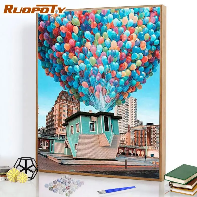 

RUOPOTY DIY Gift Wall Painting By Numbers City balloon HandPainted on Canvas Artwork Paints Home decor gift Colouring