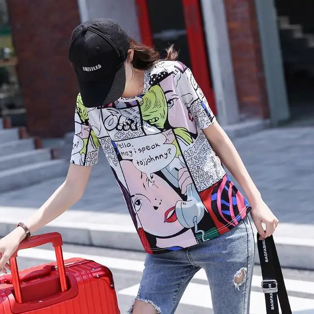 

2021 summer new T-shirt women loose round neck wild ins trend European and American printing short bottoming shirt women