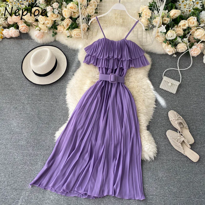 

Neploe Female Dresses 2021 New Summer Sweet Pleats Ruffles Strapless Camisole Sashes Slim Wasit Fresh Women Dress 82078