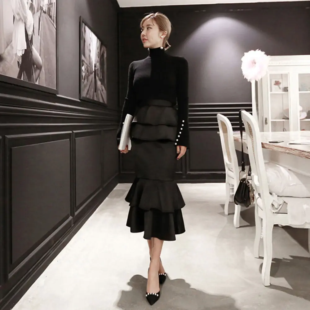 

2020 Women Long Ruffles Skirt Female Prefessional Cake Skirts Summer Chic Black Skirt Elegant Lady Ankle-Length Skirt