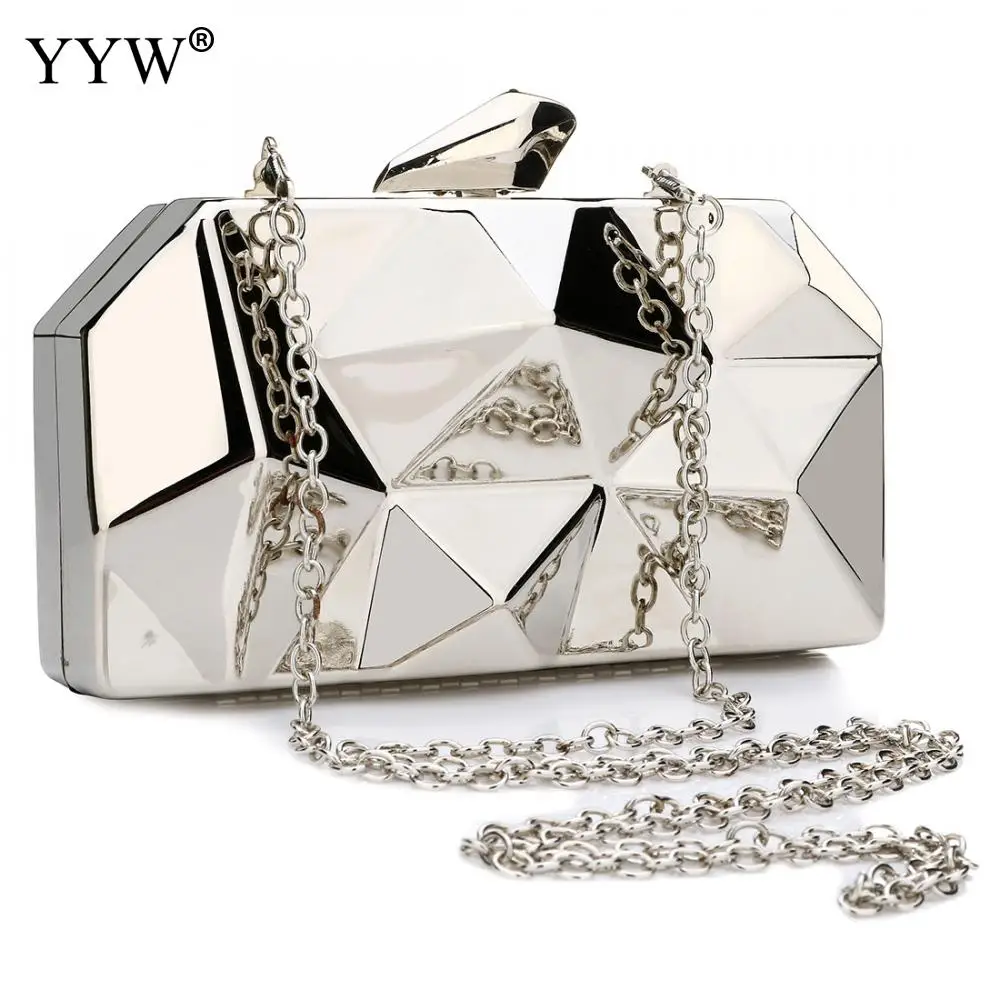 Серебристый металлический клатч Женская металлическая сумочка в клетку с узором