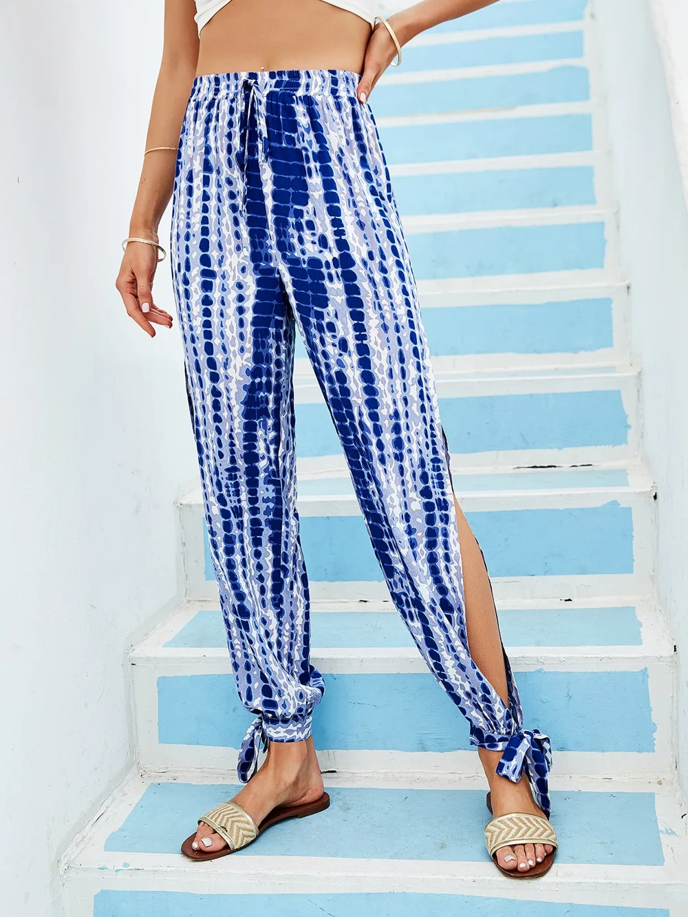 

2021 summer new style European and American side open side tie blue casual pants women's clothing