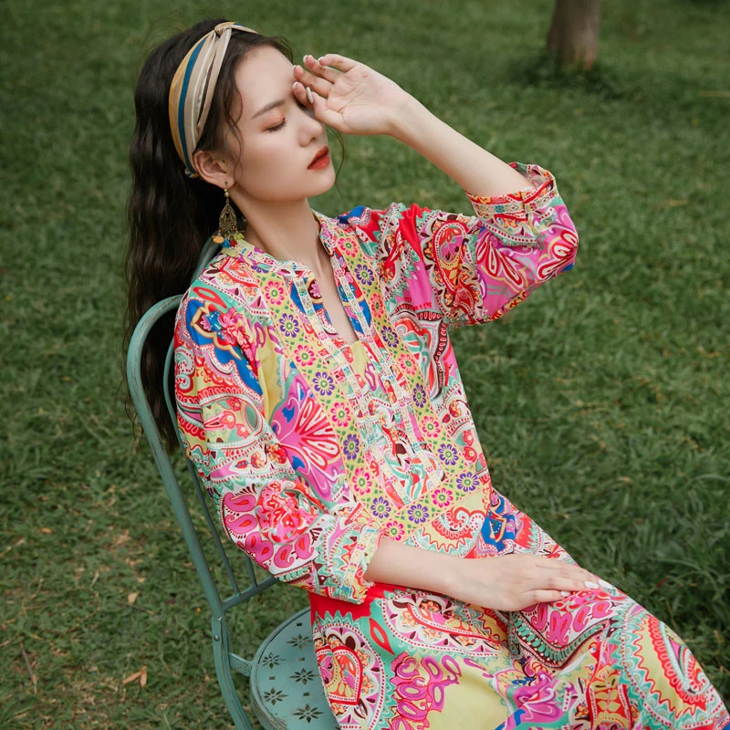 

Autumn and winter new women's retro embroidery ethnic fringed long dress with bohemian print holiday style beach dress