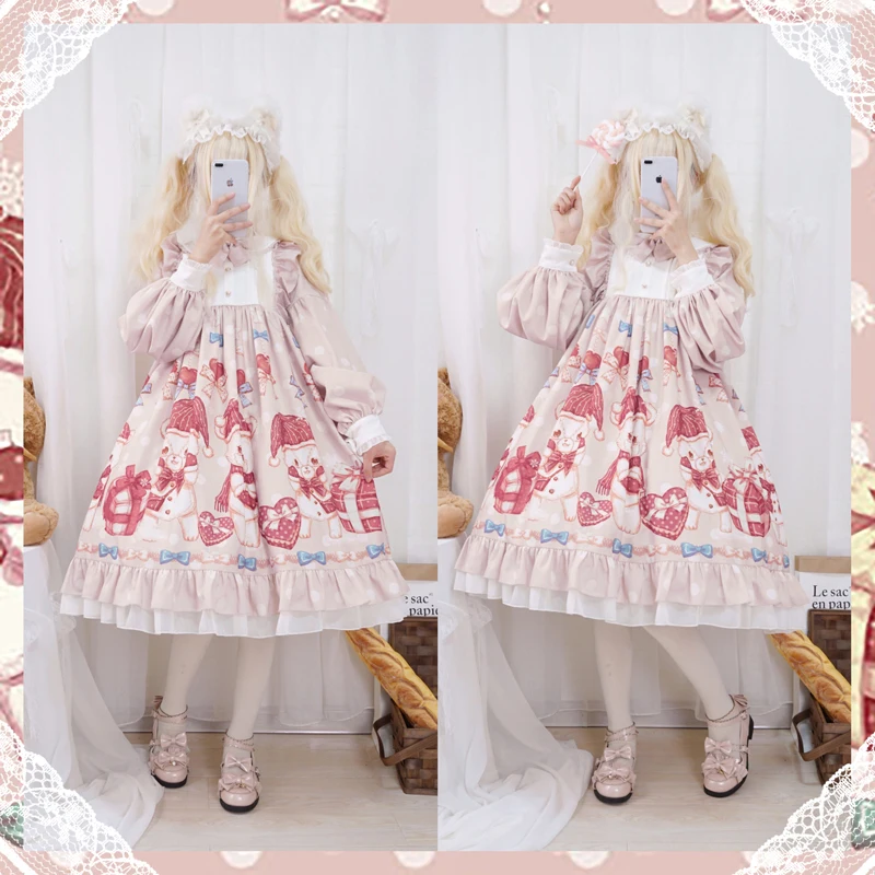 

Teddy Bear Sweet Women's Lolita OP Dress Long Sleeve Dress Lantern Sleeve Cute Bows Trim Princess Dress One Piece