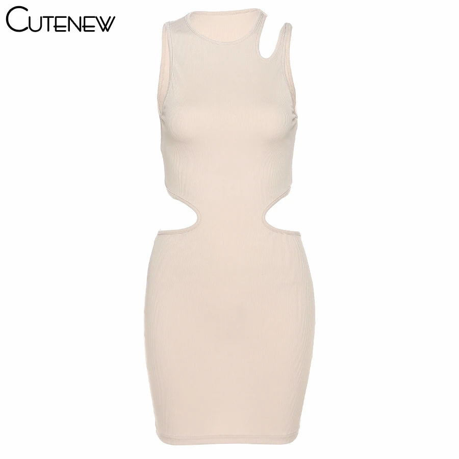 

Cutenew Sexy Hollow Out Solid Color Skinny Mini Dresses Women's Spring Casual Streetwear O-Neck Sleeveless Slim Bodycon Dresses