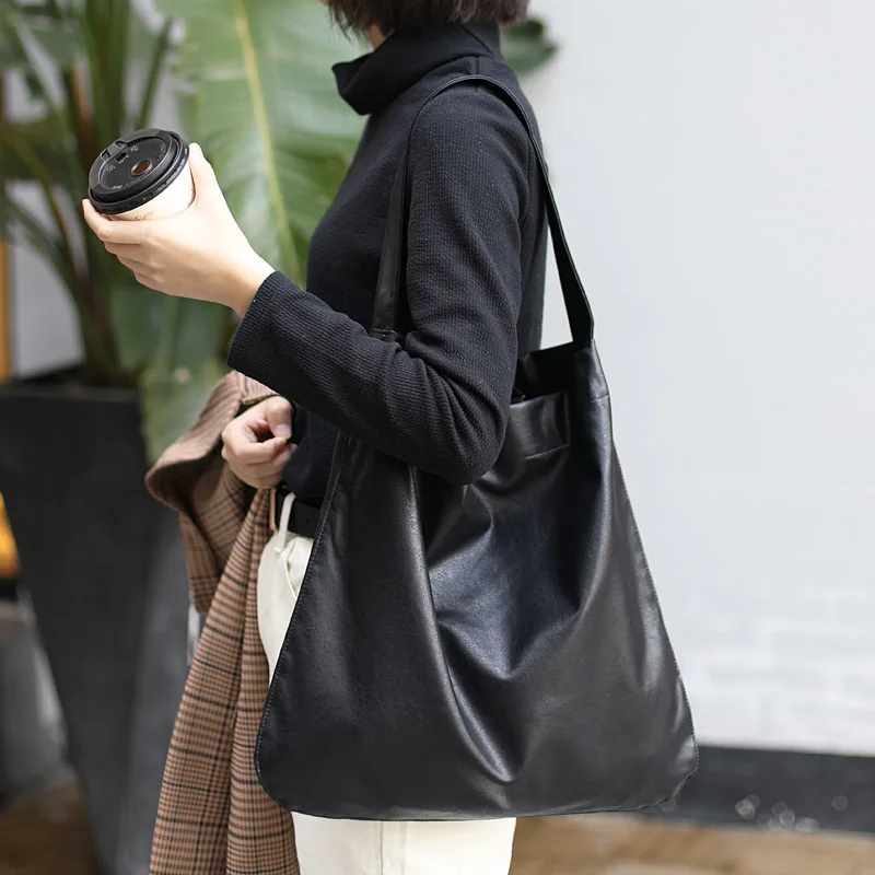 

Vintage PU Leather Shoulder bags Casual Fashion Solid Color Tote bags Soft Leather Large Capacity Handbags