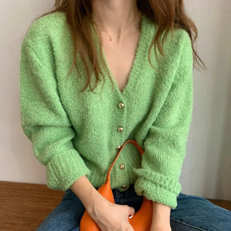 

Korean Chic Knitted Cardigan Autumn Gentle V-neck Thin Cardigan Single Breasted Plush Loose Long Sleeved Sweater Coat