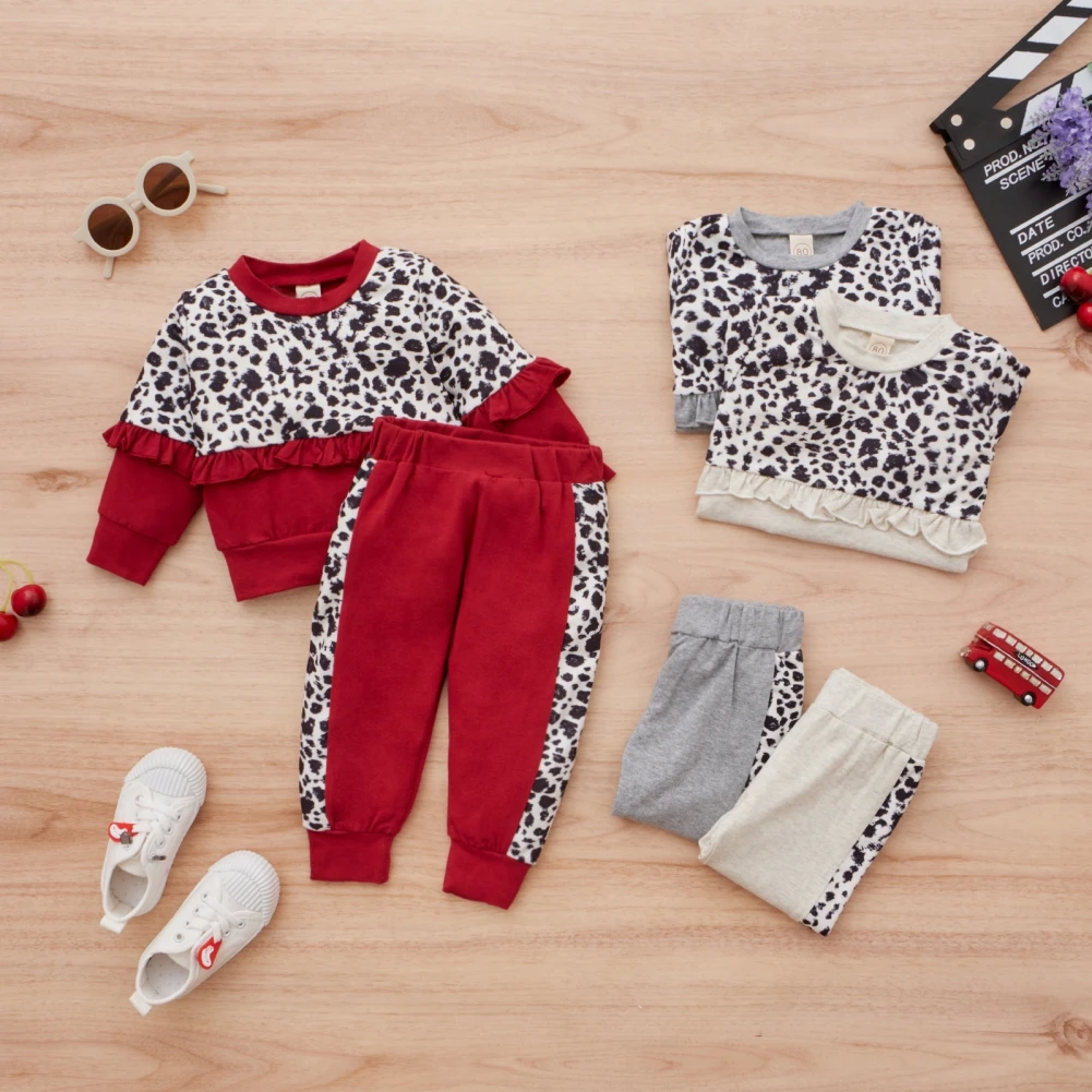 

Baby Girl Cute Leopard Pattern Stitching Long-sleeved Trousers Two-piece Red 120cm Cute