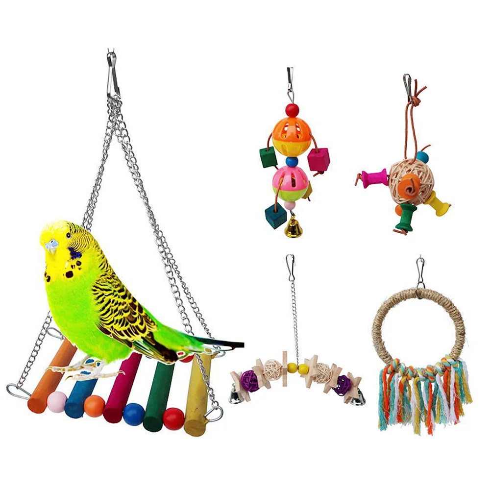 

5 pcs Colorful Chewing Swing Bell String Rattan String Set for Parrot Use