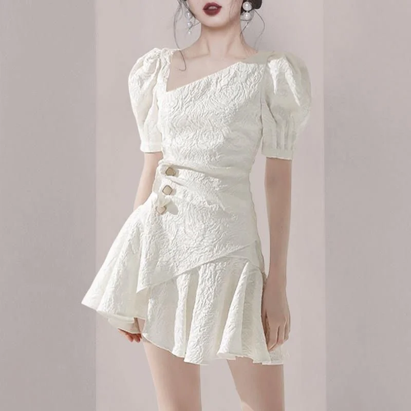 

FAKUNTN Mini Dresses Elegant Party Women Summer 2021 Slim Vintage Casual One-piece Dress Puff Sleeve Office Korean Fashion