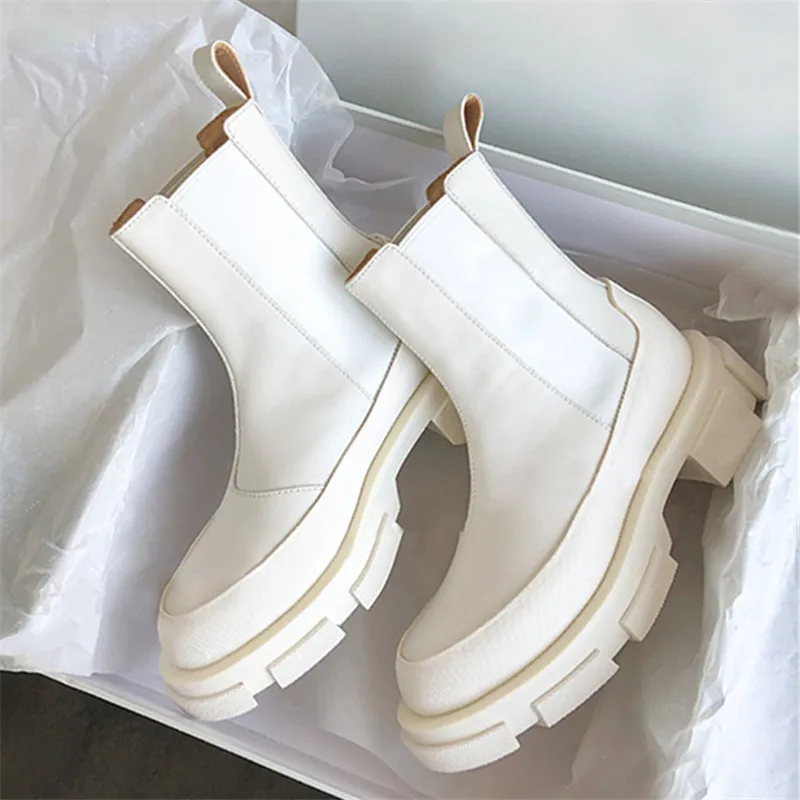 

Fashion White Women Chelsea Boots Thick Bottom Short Booties Platform Autumn Shoes Woman Slip-on Motorcycle Boots Botas Mujer