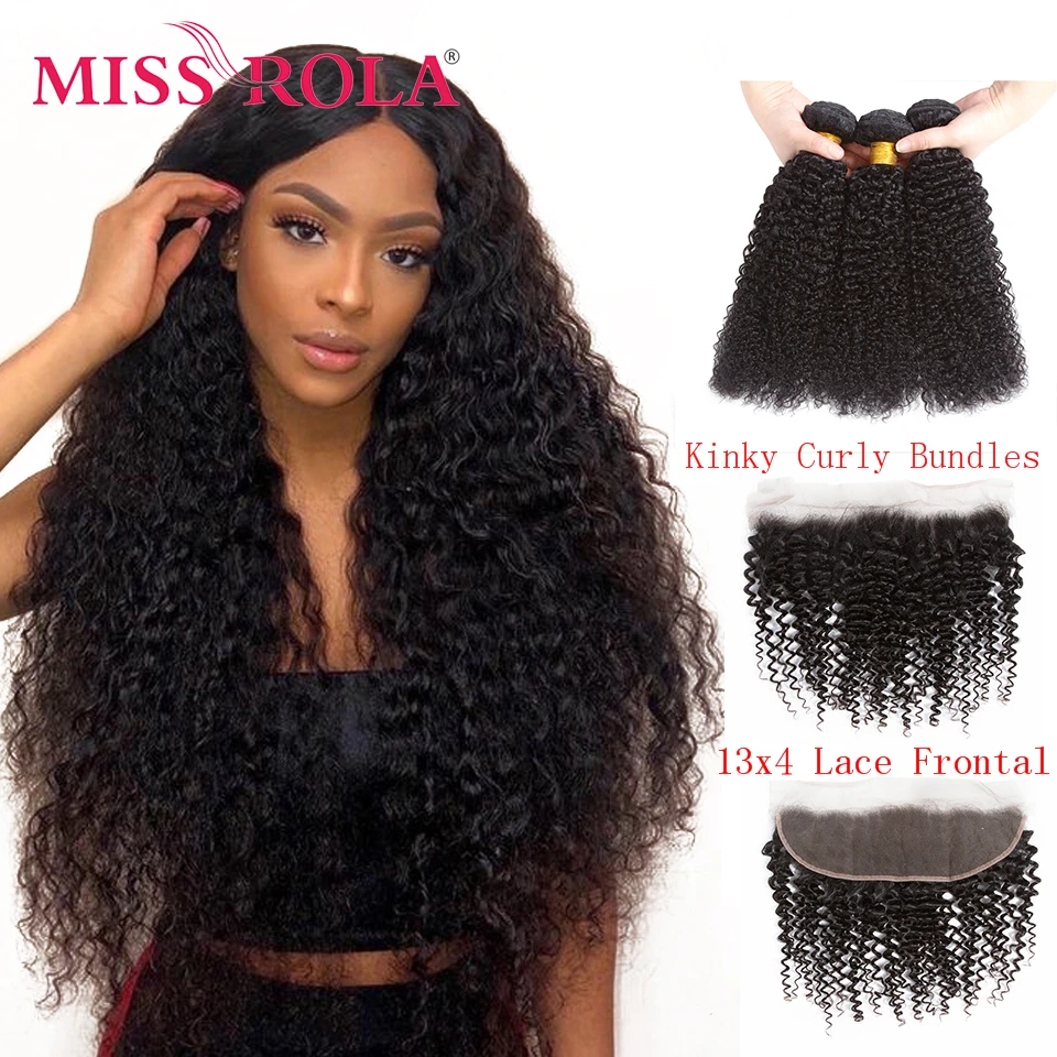 Miss Rola Hair Natural Color Brazilian Kinky Curly Remy Hair 3 Bundles With 13*4 Lace Frontal Closure 100% Human Hair Weaving