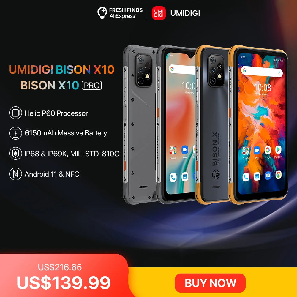 UMIDIGI-tel&eacute;fono inteligente BISON X10 Pro, versi&oacute;n Global, resistente al agua IP68 y IP69K, 64GB/128GB, NFC, Triple C&Aacute;MARA DE 20MP, 6150mAh-0