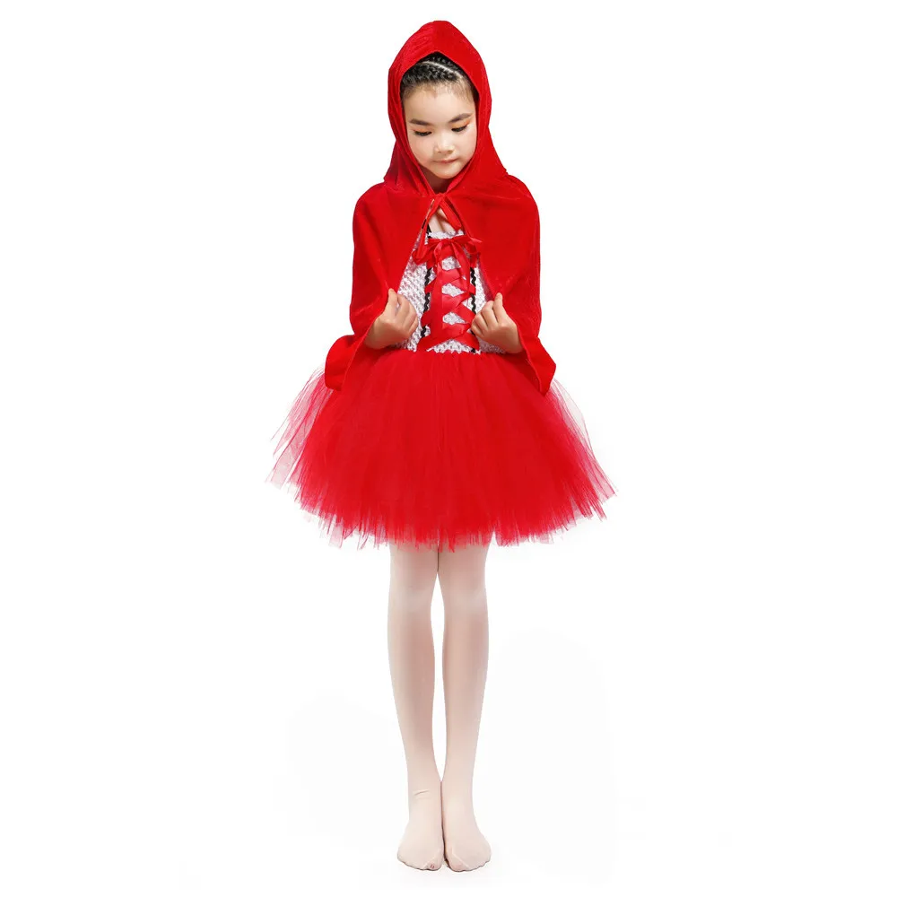 

Girls Cartoon Little Red Costume Dress With Hoodies Polyester Crochet Top Stretched Kids Halloween Cosplay Party Dress