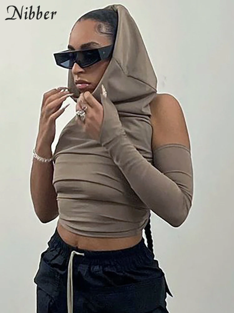 Nibber Весенняя модная однотонная блузка с капюшоном одним рукавом для